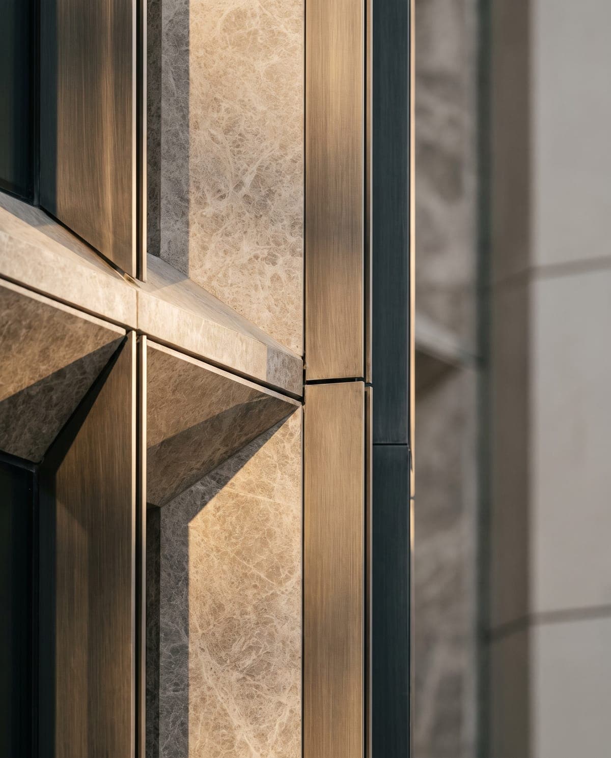 Close detail of brushed bronze and stone facade cladding, raking afternoon light.